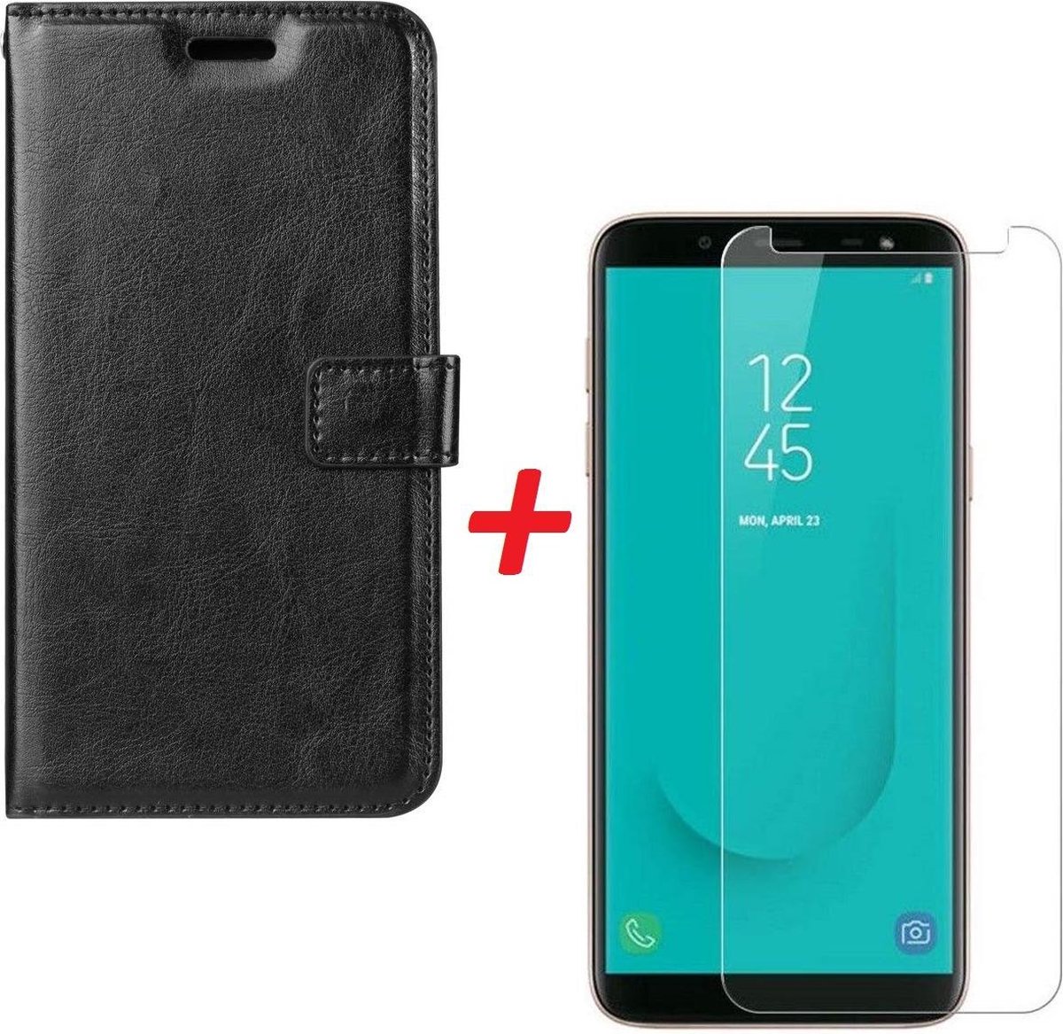 Samsung Galaxy A6 2018 Portemonnee hoesje zwart met Tempered Glas Screen protector