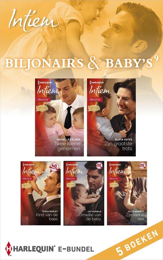 Cover van 'Intiem Biljonairs & Baby's', met 5 boeken van Harlequin Desire. Een man houdt een baby omhoog.