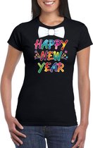 Oud en nieuw t-shirt Happy New Year met vlinderdas zwart dames XS