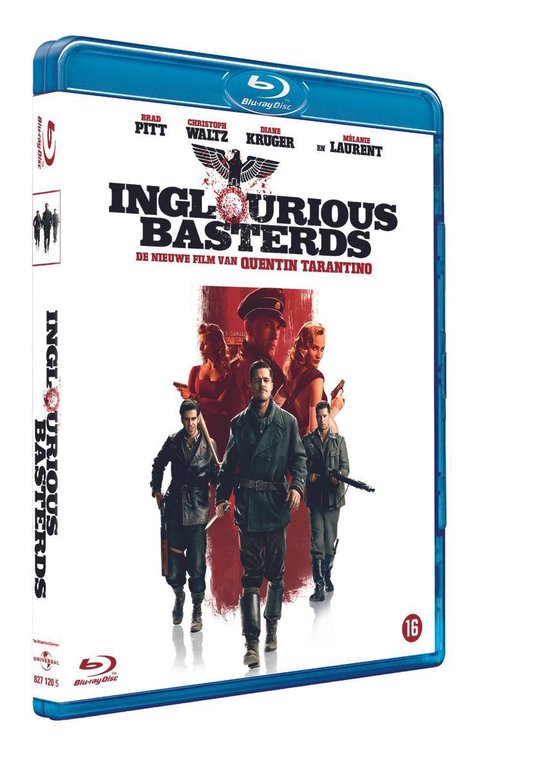 Blu-ray hoes van Inglourious Basterds met hoofdrolspelers, Duitse adelaar en de tekst 'DE NIEUWE FILM VAN QUENTIN TARANTINO'.