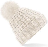 Gebreide wintermuts beige grof/popcorn met pompon voor dames