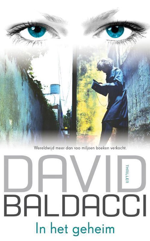 Boekomslag van David Baldacci's 'In het geheim' met blauwe ogen en een persoon die naar een boek kijkt.