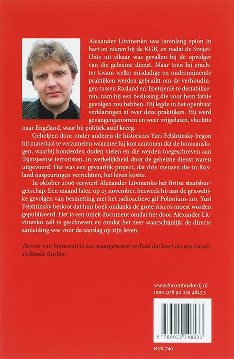 Achterkant boek met portret van Alexander Litvinenko en tekst.