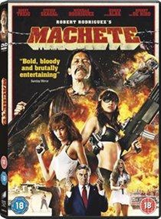 Machete filmposter met Danny Trejo, Michelle Rodriguez, Jessica Alba en Robert De Niro. Actievolle, explosieve beelden.
