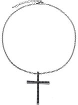 Korte ketting metaal zilverkleur 40cm lengte met hanger kruis 55mm lengte met zwarte kristal stenen