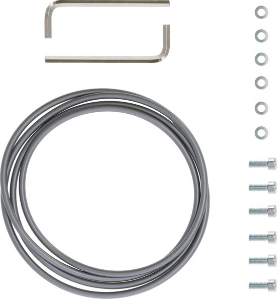 Grijze kabel, zes zilveren bouten, zes ringen en twee inbussleutels.