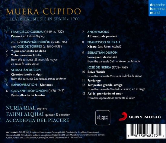 CD-hoes met "Muera Cupido" bovenaan, met tracklijsten, artiesten en "deutsche harmonia mundi" logo.