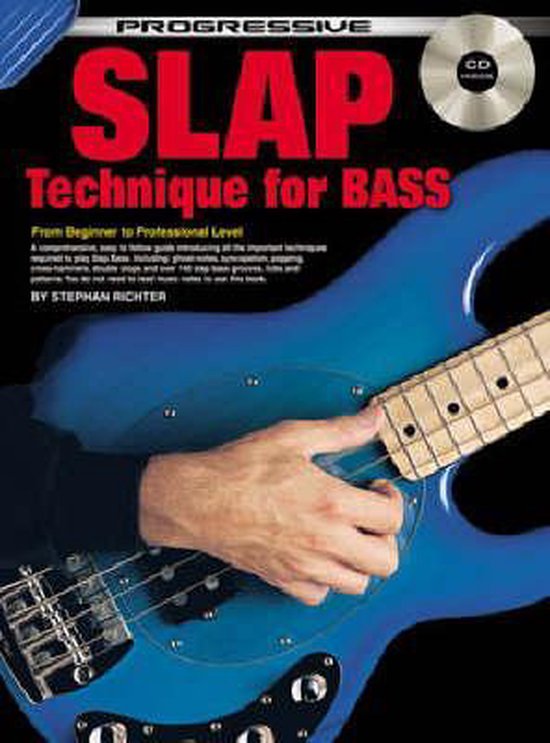 Livre "Slap Technique for Bass" de Stephan Richter avec CD. Une main joue sur une guitare basse bleue.