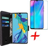 iCall - Huawei P30 Hoesje + Screenprotector Tempered Glass - Lederen TPU Book Case Portemonnee Flip Wallet - Zwart