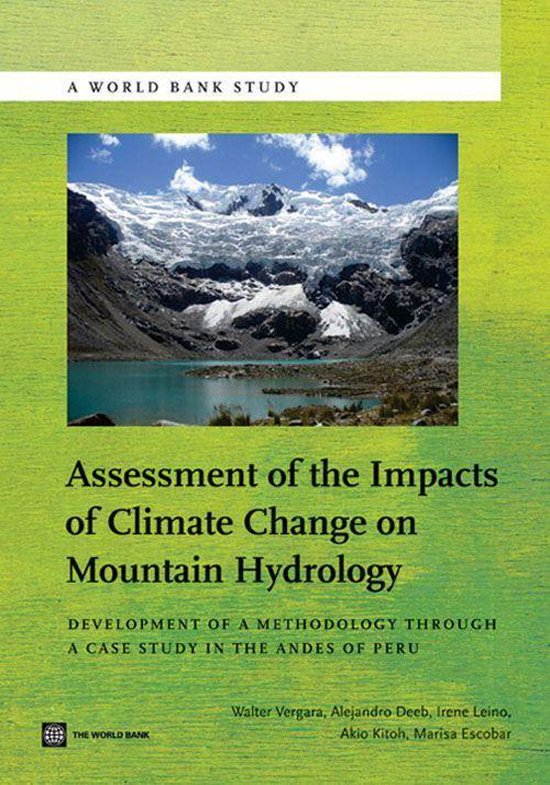 Boekomslag: "Assessment of the Impacts of Climate Change on Mountain Hydrology" met op de voorgrond een berglandschap met gletsjer en een meer.