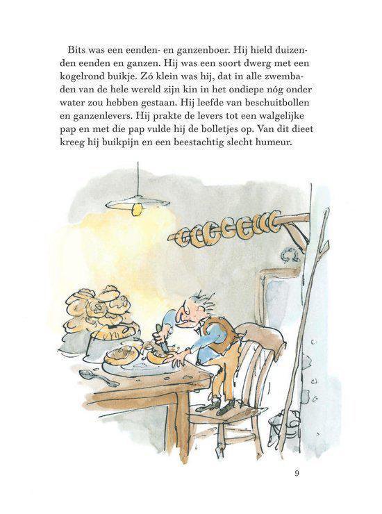 Een boer zit aan tafel en eet, met een stapel gebakken broodjes. Buiten hangen worstjes aan een rek. "Bits was een eenden- en ganzenboer."