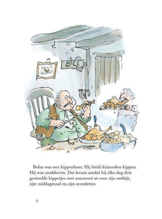 Een dikke boer eet kip met macaroni. Een vrouw aan de andere kant van de tafel eet ook. "Bolus was een kippenboer."