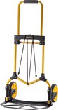 Gele Stanley steekwagen met zwarte wielen, elastische banden en een platte basis.