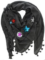 Dielay - Hippe sjaal Grijs flosjes - patches sterren sieraden - 140x140 cm