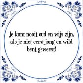 Tegeltje met Spreuk (Tegeltjeswijsheid): Je kunt nooit oud en wijs zijn, als je niet eerst jong en wild bent geweest! + Kado verpakking & Plakhanger