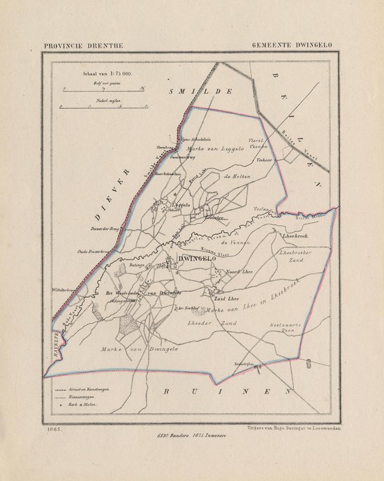 Foto: Historische kaart plattegrond van gemeente dwingelo in drenthe uit 1867 door kuyper van kaartcadeau com