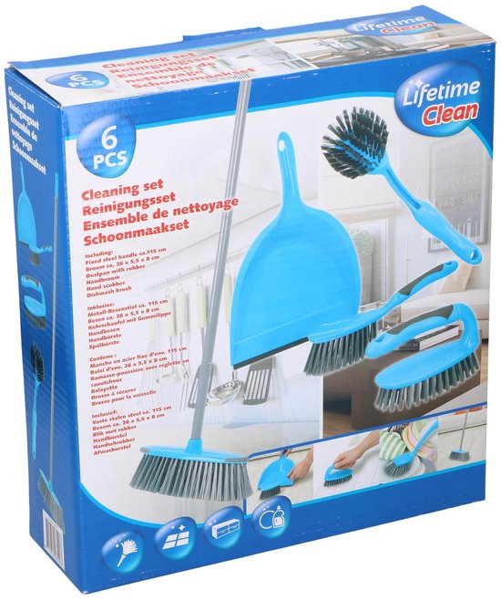 Schoonmaakset 5-delig blauw - bezem - handborstel - borstel - schrobber - handschrobber - stoffer en blik - afwasborstel van Schoon — afbeelding 2