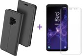 Hoesje geschikt voor Samsung Galaxy S9 Plus - Lederen Wallet Hoesje Grijs met Siliconen Houder - Portemonee Hoesje + Glas PET Folie Screen Protector Transparant 0.2mm