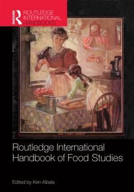 Boekomslag Routledge International Handbook of Food Studies met illustratie van moeder en kind in de keuken.
