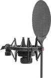 Zwarte microfoonhouder met rond, donkergrijs popfilter.