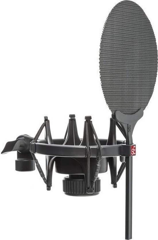 Zwarte microfoonhouder met rond, donkergrijs popfilter.
