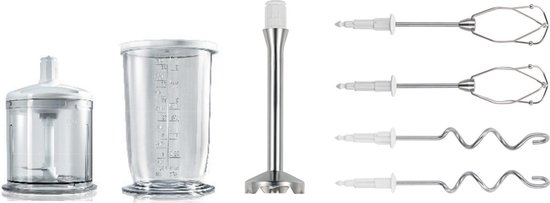 Set accessoires voor een mixer: hakmolen, maatbeker, staafmixervoet en diverse kloppers.