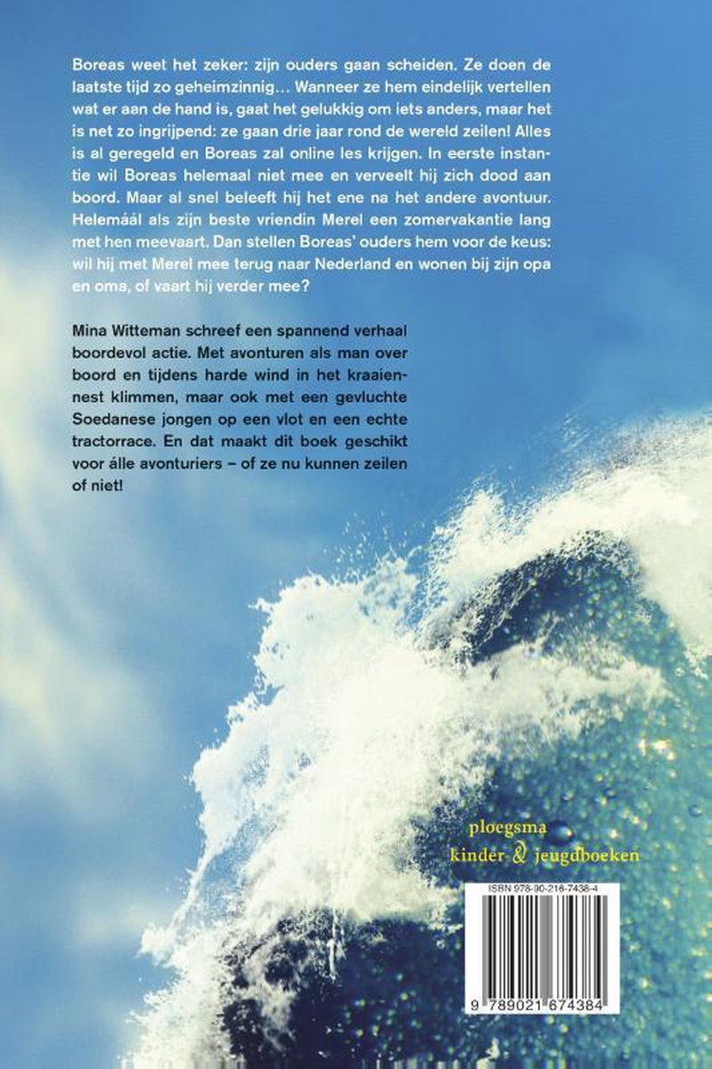 Achterkant van het boek 'Boreas en de zeven zeeën' met tekst en een afbeelding van golven.