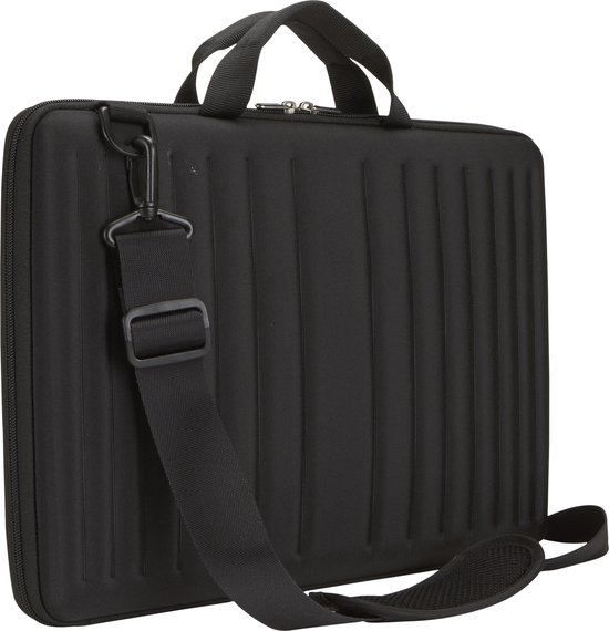 Zwarte laptoptas met verticale ribbels, schouderband en handvat.