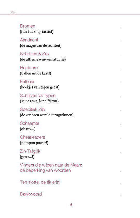 Tekstpagina met titels van hoofdstukken zoals ' Dromen ', ' Aandacht ', ' Schrijven & Sex '.