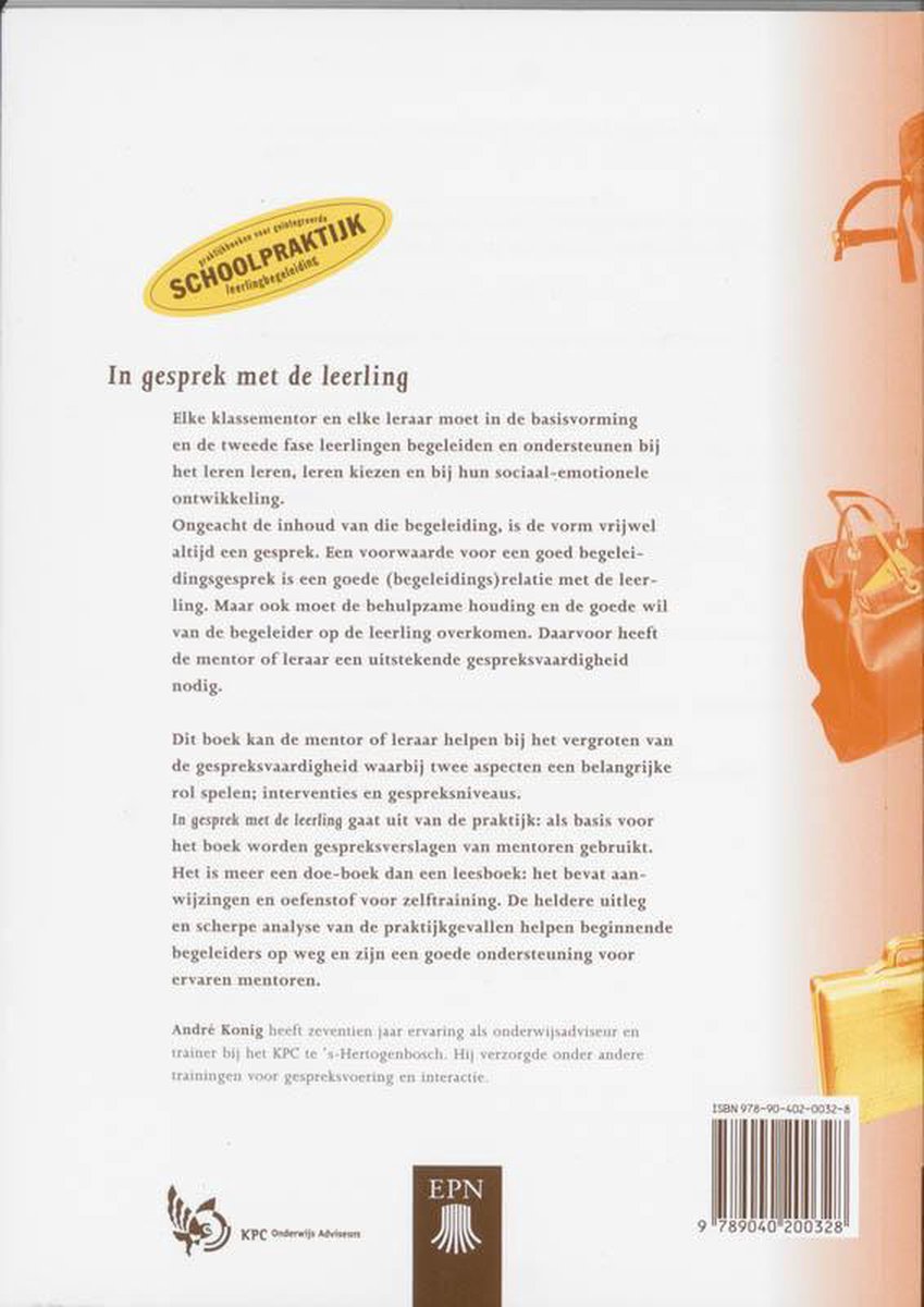 Achterpagina van een boek met een gele ovale sticker met 'SCHOOL PRAKTIJK leerlingbegeleiding'.