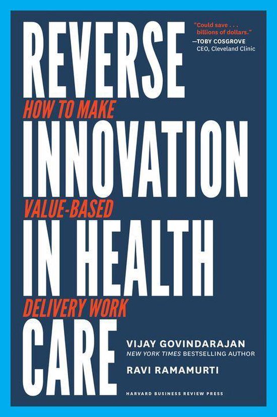 Boekomslag met de titel 'Reverse Innovation in Health Care'. Witte tekst op een donkerblauwe achtergrond.