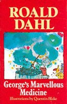 Boek 'George's Marvellous Medicine' van Roald Dahl, met illustraties van Quentin Blake. Rode kaft met cartoontekening van George die een drankje brouwt.