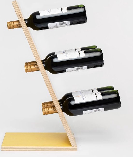Compact Six Yellow Wijnrek - Klein staand flessenrek van hout voor 6 wijnflessen met een uniek en modern design