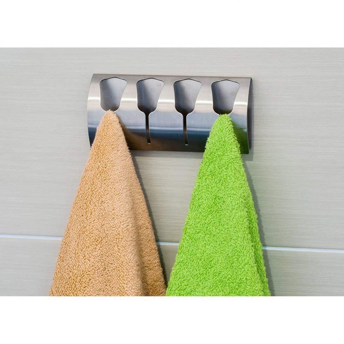 Zelfklevende Handdoek Houder - 4 Handdoeken - Wand Ophang Haak Zelfklevend - Zonder Boren - Met Vier Doek Haakjes - RVS
