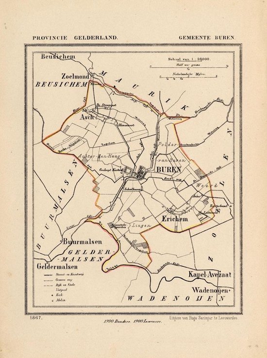 Foto: Historische kaart plattegrond van gemeente buren in gelderland uit 1867 door kuyper van kaartcadeau com