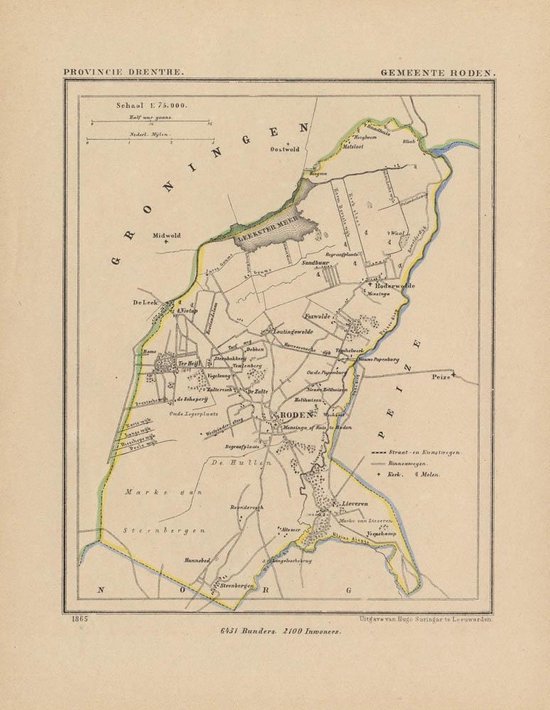 Historische kaart, plattegrond van gemeente Roden in Drenthe uit 1867 door Kuyper van Kaartcadeau.com