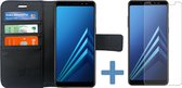 Hoesje geschikt voor Samsung Galaxy A8 (2018) + Screenprotector Gehard Glas - Zwart Book Case Lederen TPU Wallet Case + Tempered Glass Screen Protector