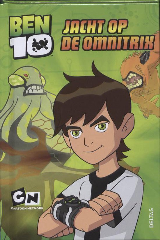 Boekcover met Ben 10 en de Omnitrix, met twee buitenaardse wezens op de achtergrond. Titel: Ben 10 Jacht op de Omnitrix.