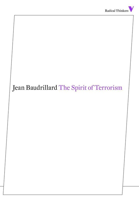 Couverture de livre avec le titre 'Jean Baudrillard The Spirit of Terrorism' en texte violet et noir sur fond blanc. En haut à droite, 'Radical Thinkers'.