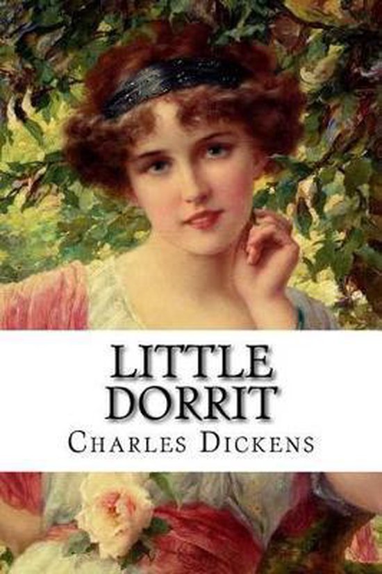 Boekcover van 'Little Dorrit' van Charles Dickens met een schilderij van een jonge vrouw met rood haar en een hoofdband.