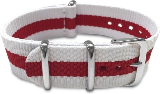 Max Horlogeband 5 NTS018 Nato Horlogeband - Ø20 mm - Wit / Rood / Zilverkleurig