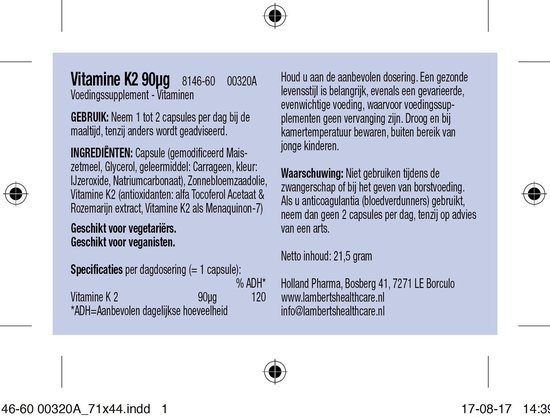 Achterkant van de verpakking met ingrediënten en gebruiksaanwijzing. Lamberts Vitamine K2 90µg.
