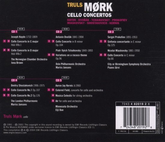 Achterkant van een cd-boxset met de titel 'Truls Mørk Cello Concertos'. Toont de inhoud van de 5 cd's met componisten en titels.