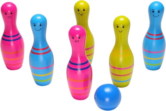 BS Toys Skittles Bowling Kegelspel - Hout - Speelgoed Set Kinderen vanaf 4 Jaar - Rood & Wit - 6 Kegels