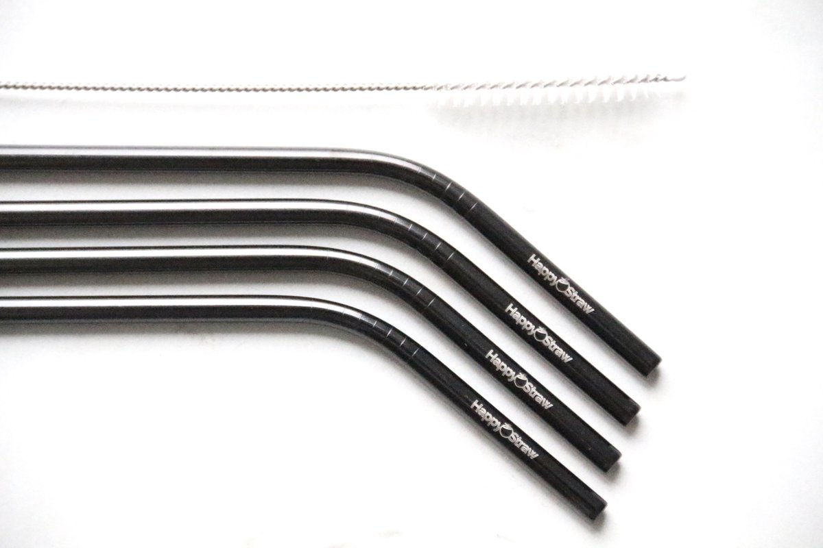 Happy Straw - roestvrijstalen rietjes ZWART kleur x 4 (incl. schoonmaak borsteltje & meeneem zak)