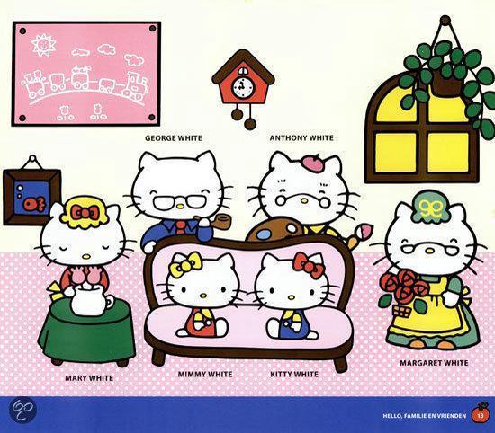 Hello Kitty familie zittend op een bank, staand en rond een tafel, met decoraties.