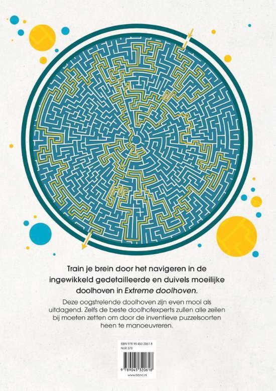 Een cirkelvormig doolhof in blauw en geel met de tekst 'Train je brein door het navigeren in de ingewikkelde gedetailleerde en duivels moeilijke doolhoven. Deze oogstrelende doolhoven zijn even mooi als uitdagend. Zelfs de beste doolhofexperts zullen alle zeilen bij moeten zetten om door de inventieve puzzelsoorten heen te manoeuvreren.'