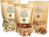 Smokey Olive Wood – 3x 1700ml Houtsnippers - Olijfhout - Sinaasappelhout - Amandelhout- Rookchips groot ø 2cm-3cm