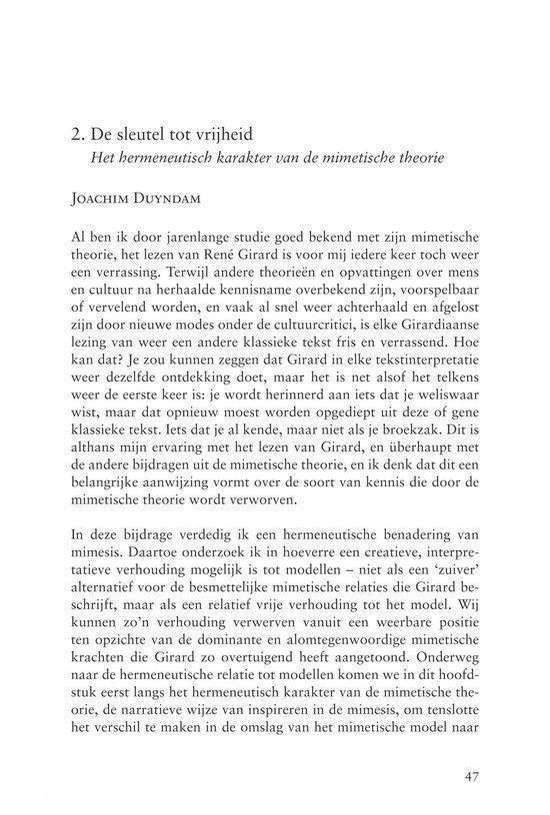 Titelpagina met artikel '2. De sleutel tot vrijheid' door Joachim Duyndam, met vermelding van 'Het hermeneutisch karakter van de mimetische theorie'.