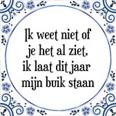 Grappig Tegeltje met Spreuk (Goede voornemens): Ik weet niet of je het al ziet, ik laat dit jaar mijn buik staan + Cadeau verpakking & Plakhanger